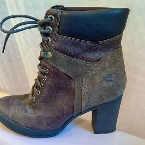 Timberland’s CAMDALE Womens Brown Leather Olive Suede Chunky Heel Boots Size 9